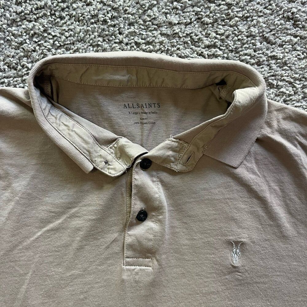 Allsaints Slim Fit Cotton Polo Shirt Brown Taupe Short Sleeve Mens XL